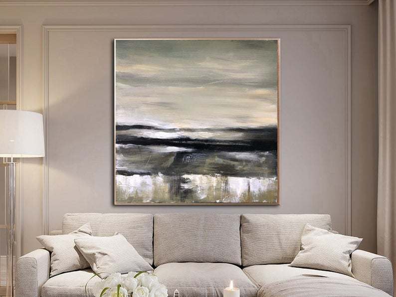 Handpainted Oil Painting On Canvas hanging above a sofa in a modern living room with neutral colors.