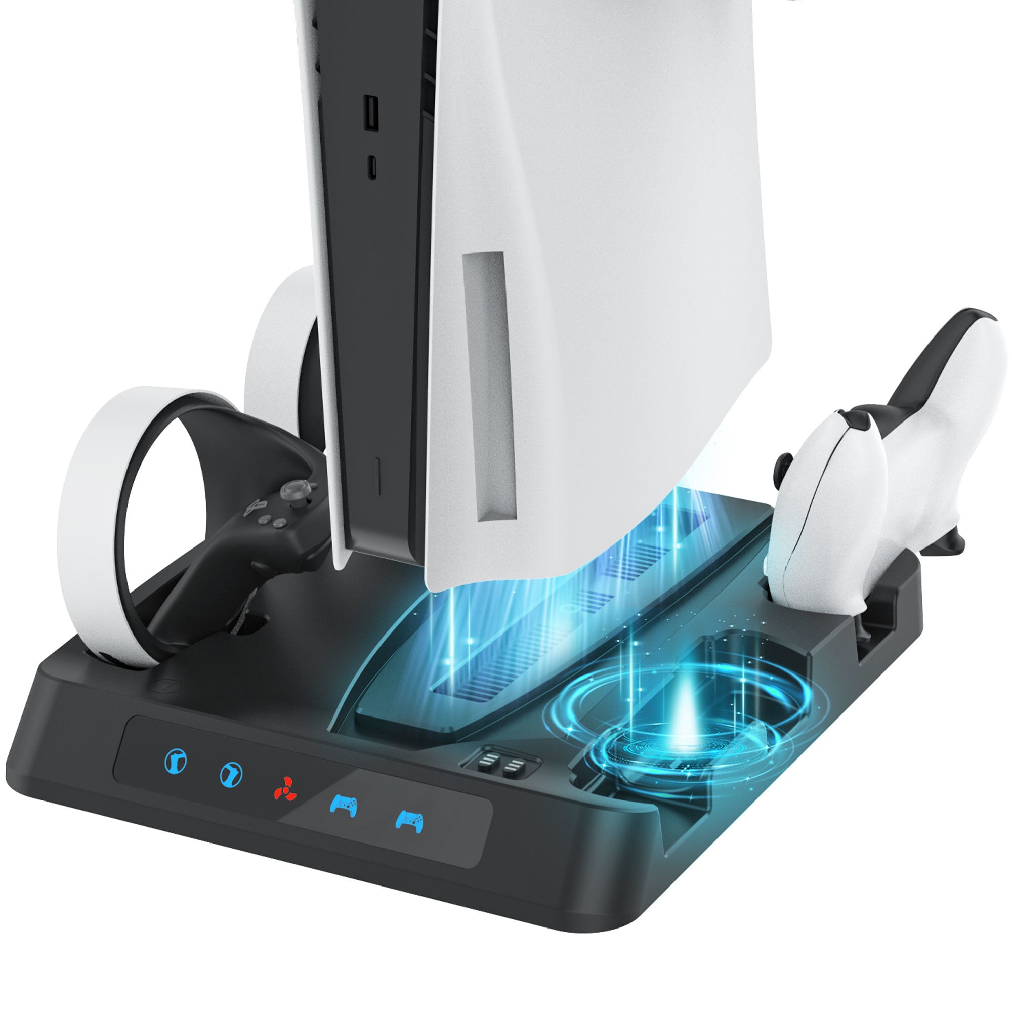 A gaming console with an Efficient Cooling System and Advanced Safety Features, along with an Upgraded PSVR2 Controller Charging Dock,PS5 Controller Charger, Cooling Station with 3-Level Speeds Silent Fan,VR and PS5 Stand Horizontal Display Your PSVR2 and PS5 Accessories located on top of it.