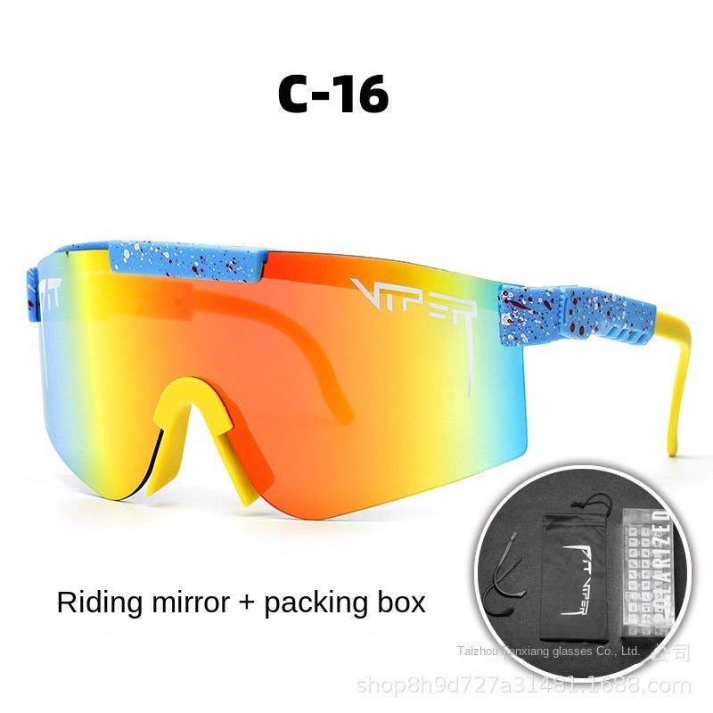 A pair of Pits Viper Riding Glasses Outdoor Sports Sunglasses for men, featuring "VIPER" branding on the lens and frame, with a red and white pattern on the arms. Designed for outdoor sports, they offer UV400 protection and come labeled "C-21," including a riding mirror and packing box.