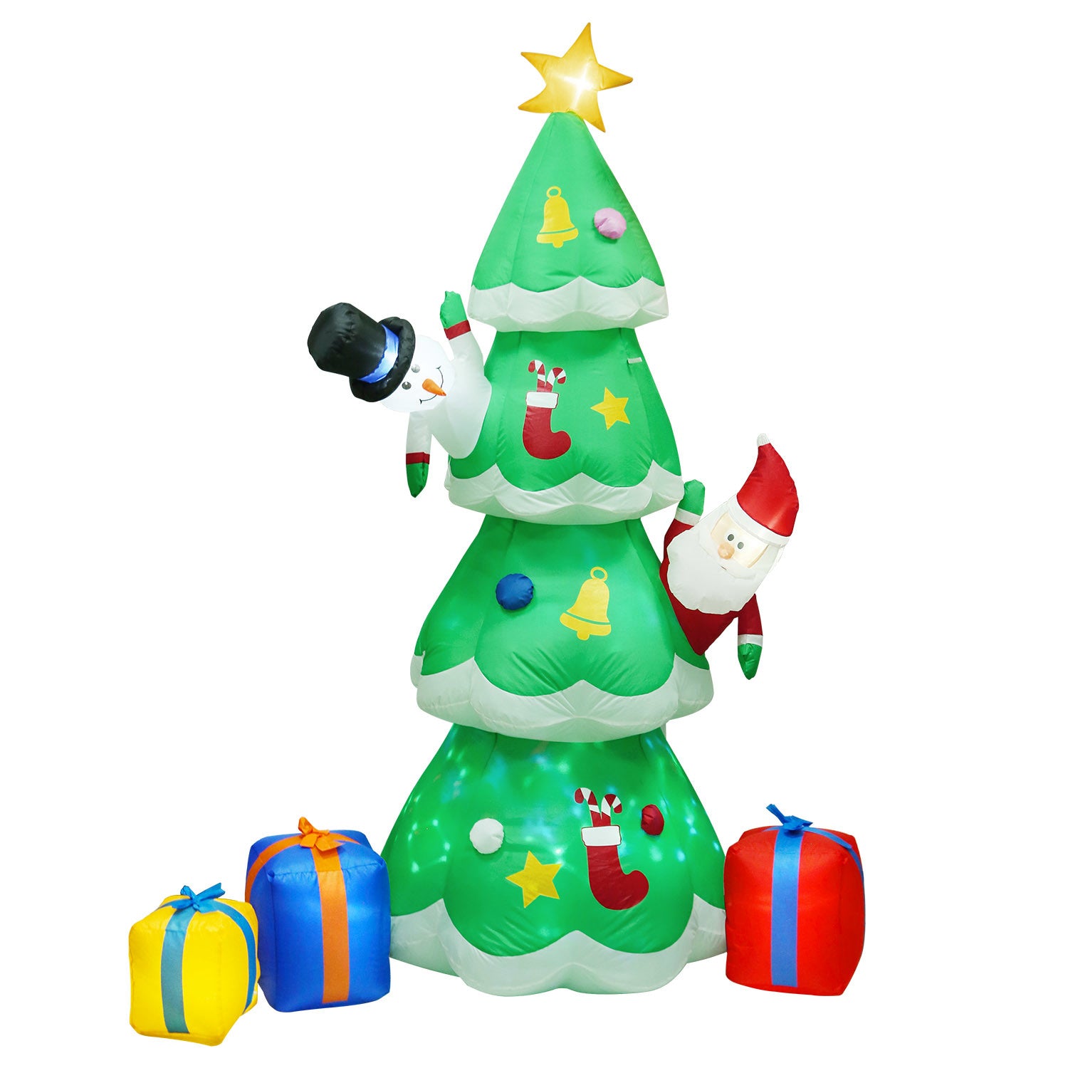 Inflatable 6.89FT Christmas Inflatable Outdoor Decoration with Christmas Tree Gift Box Santa Claus Blow Up Yard Decoration with LED Light Built-in Air Blower for Winter Holiday Xmas Garden decorated with Santa Claus.
