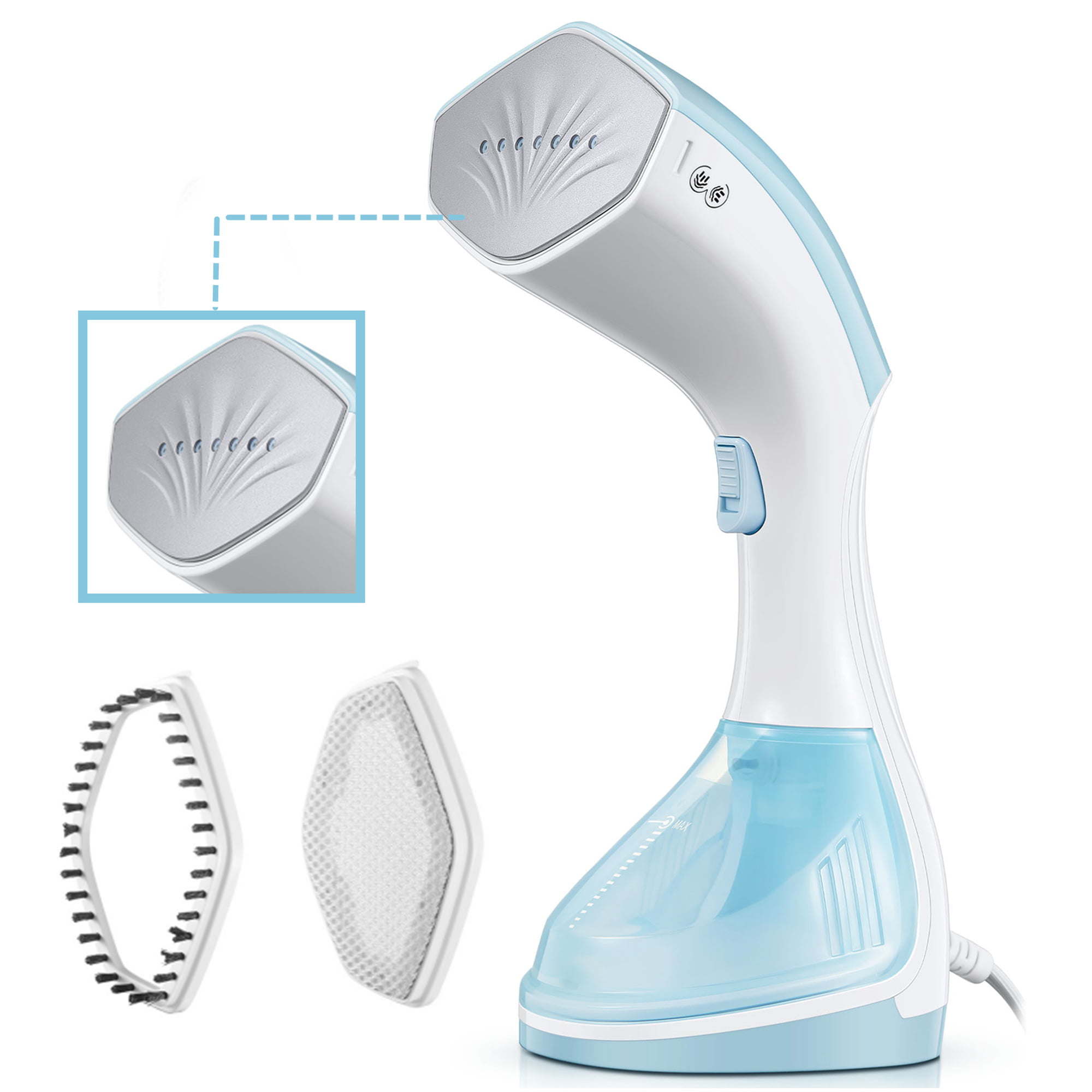 An Garment Steamer in white and blue, with a detachable brush and lint remover, plus a close-up view of the steam panel. This 1500 watts steamer efficiently smooths