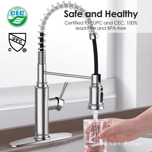 A Kitchen Faucet - Spring Kitchen Sink Faucet with 3 Modes Pull Down Sprayer; Single Handle&Deck Plate for 1or3 Holes; 360° Rotation; Spot Resist Stainless Steel No Lead for RV Bar Home with a sprayer and deck mount feature.