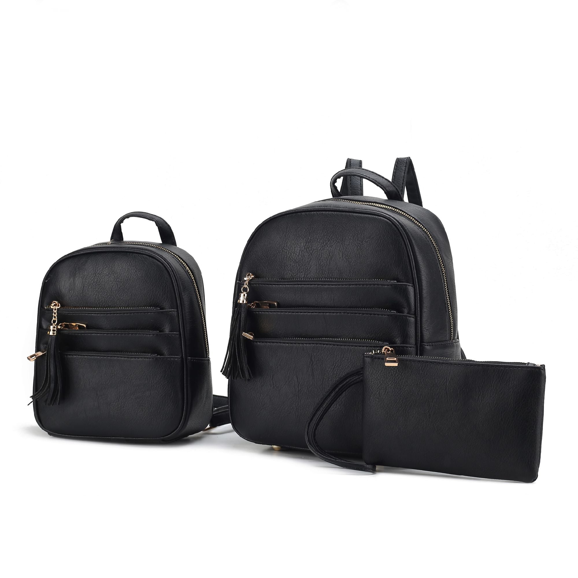 Two MKF Collection Roxane Vegan Leather Women's Backpacks with Mini Backpack and Wristlet Pouch- 3 pieces by Mia k, and a wallet.