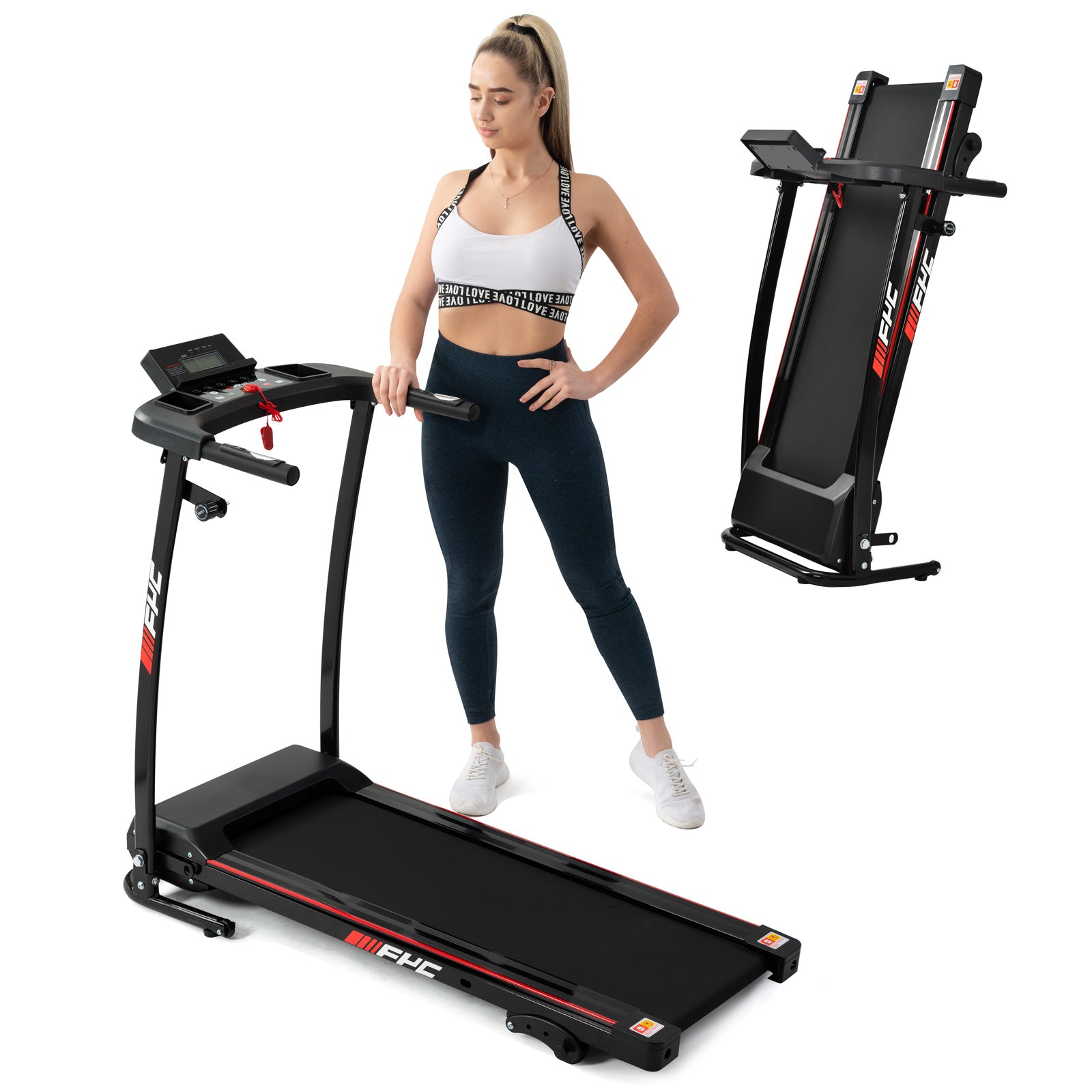 A woman standing next to a Folding Treadmill for Home Portable Electric Motorized Treadmill Running Exercise Machine Compact Treadmill for Home Gym Fitness Workout Jogging Walking.
