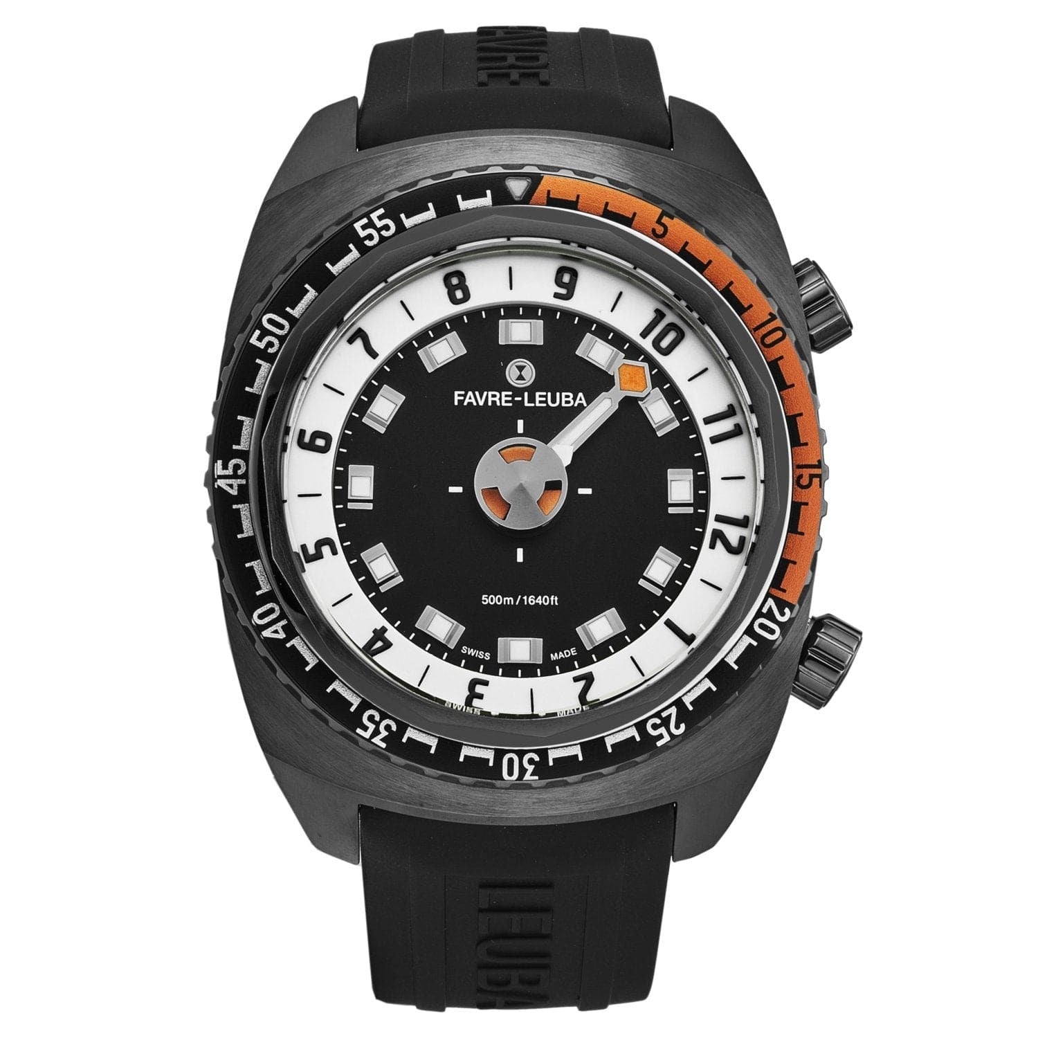 A Favre-Leuba Men's 00.10101.09.13.31 'Raider Harpoon' Black White Dial Black Rubber Strap automatic watch, with a black and orange design, showcased against a white background.