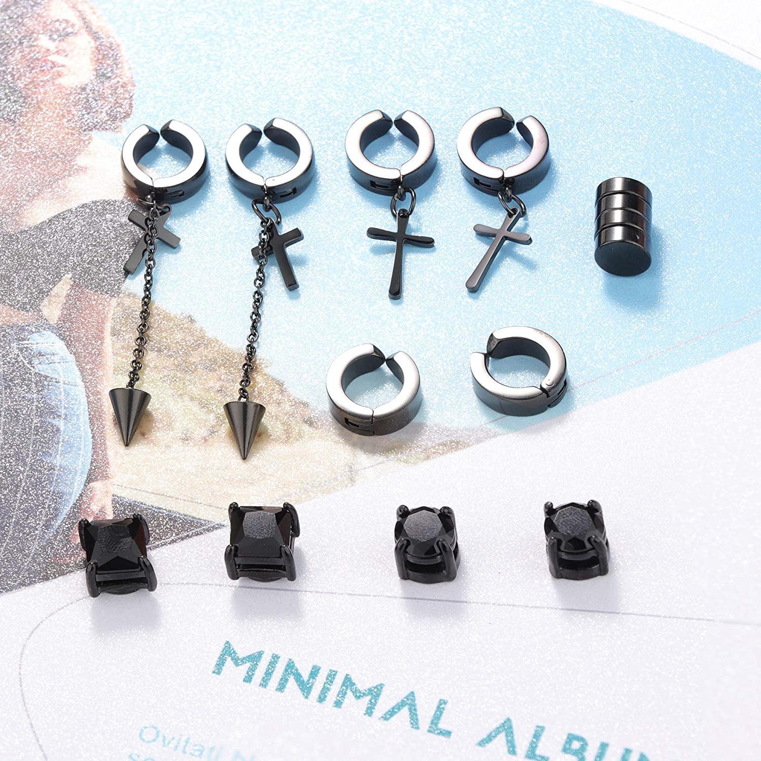 The Stainless Non Piercing Magnetic Earrings for Men and Women include a set of six pairs of high-quality, black earrings, featuring two pairs of studs, one pair of hoops with crosses, one pair of square-shaped studs, and one pair of hoops with chain crosses and pointed ends.