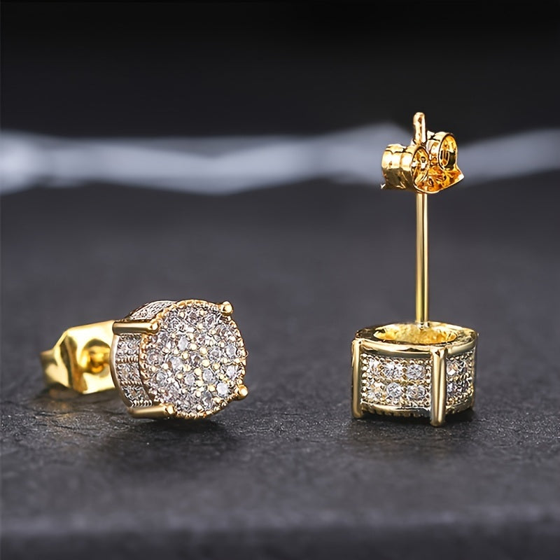 Details: A pair of Fancy Round Shaped Stud Earrings Paved Shiny CZ Stone Silver Color/Golden Everyday Fashion Versatile Ear Jewelry featuring a circular, diamond-encrusted design on a dark background.