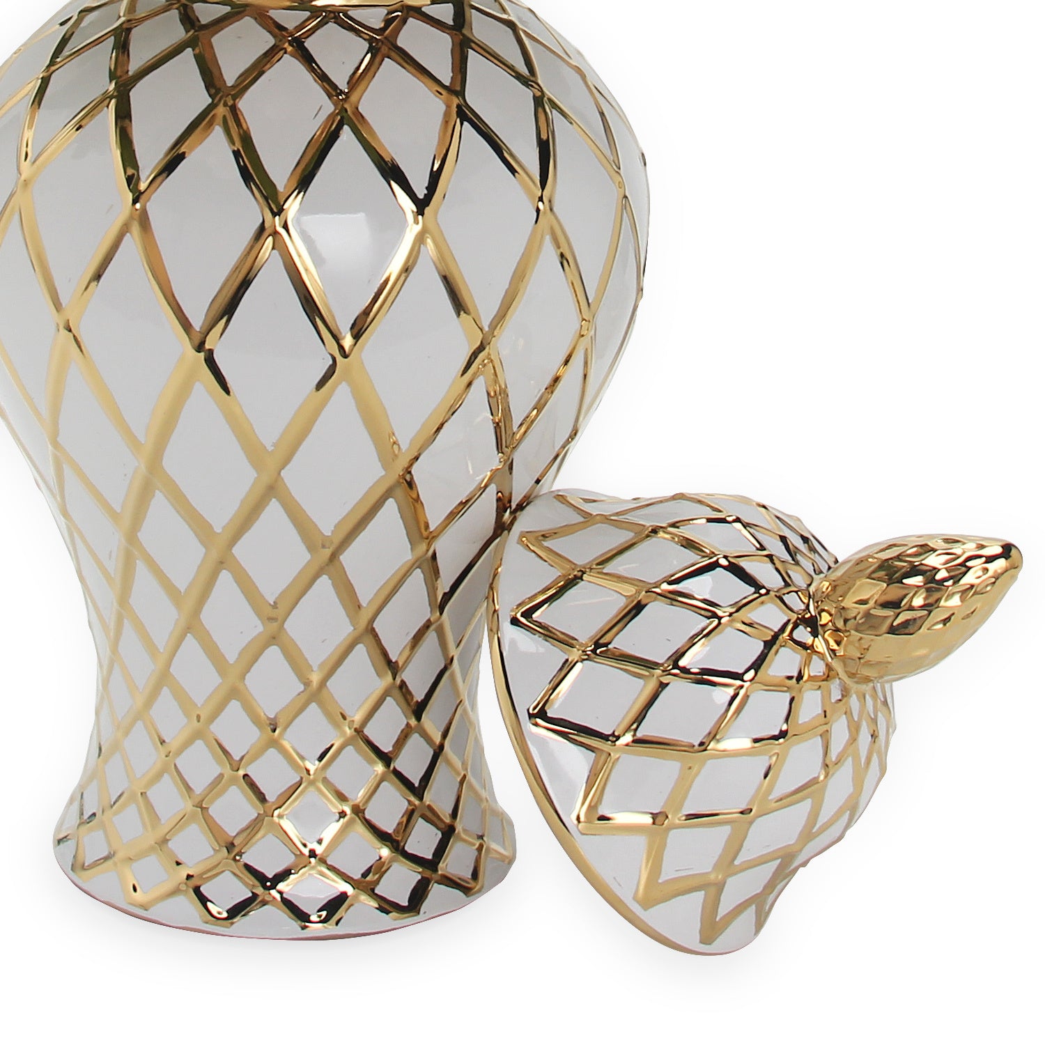 A White and Gold Ceramic Decorative Ginger Jar Vase on a white background.