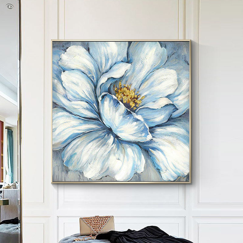 A large Handmade Gold Foil Abstract Oil Painting Wall Art Modern Minimalist Blue Color Flowers Canvas Home Decorative For Living Room No Frame hangs on a wall in a modern bedroom.
