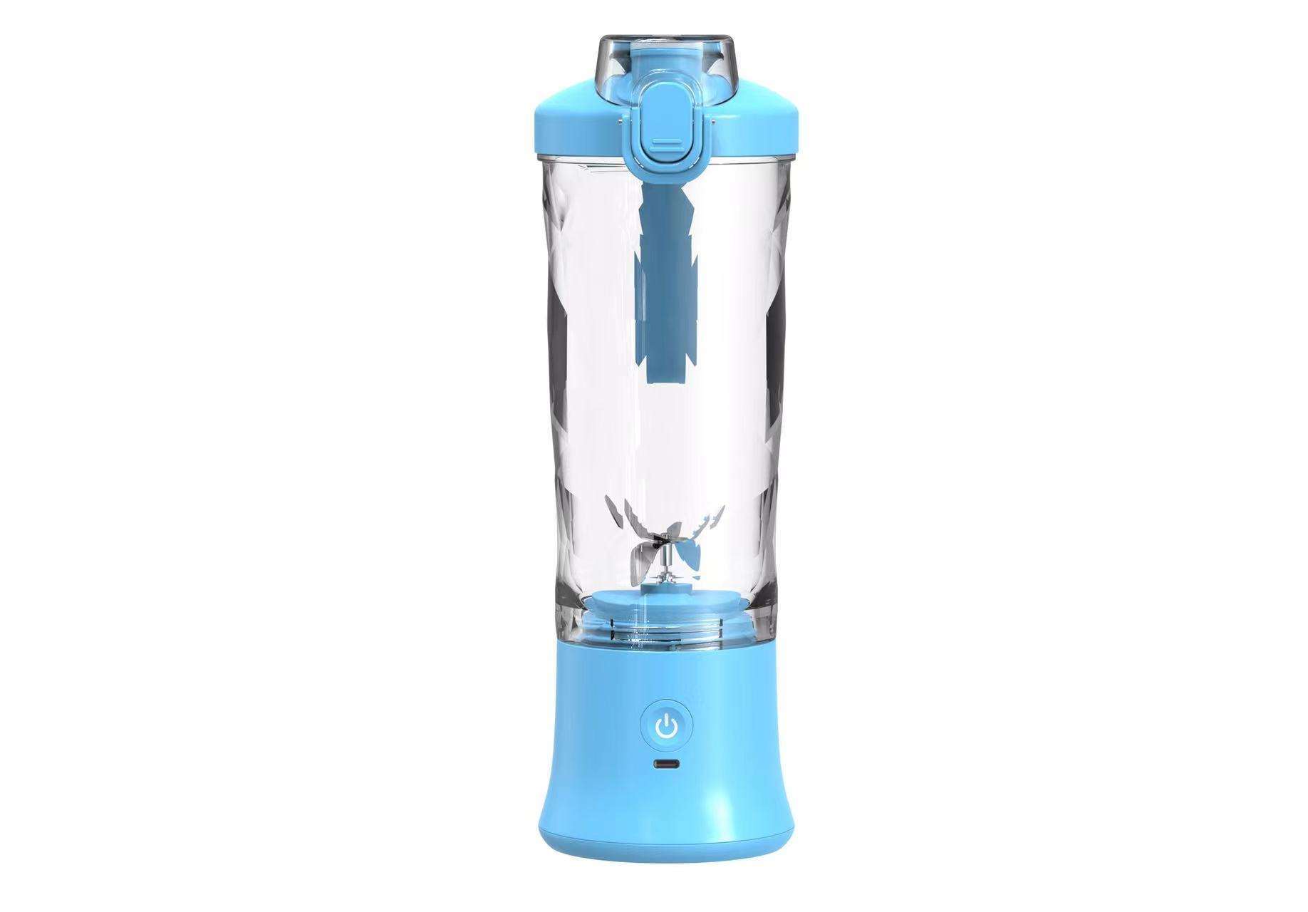 Transparent electric Dual-purpose Juicing Cup with a green base and lid, featuring stainless steel blades and a central blending shaft, along with an on/off button at the front.