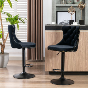 Two Swivel Velvet Barstools with Adjustable Seat Height from 25-33 Inch, Modern Upholstered Bar Stools with Backs Comfortable Tufted for Home Pub and Kitchen Island in black color.
