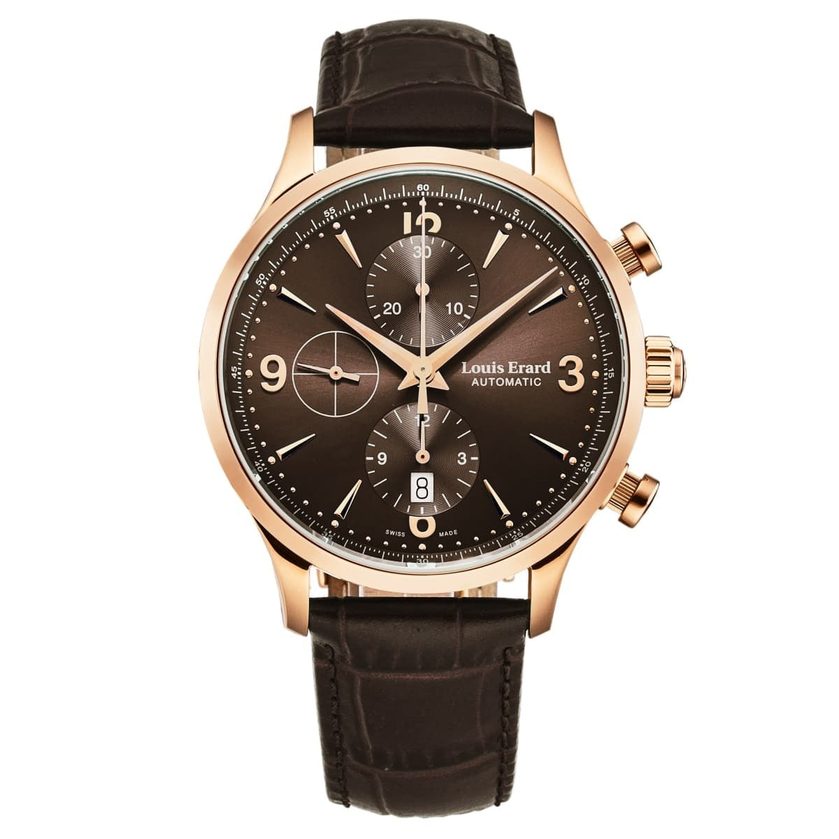 A Louis Erard Men's '1931' Chronograph Brown Dial Brown Leather Strap Automatic Watch 78225PR16.BRC03 with brown leather straps and a brown dial.
