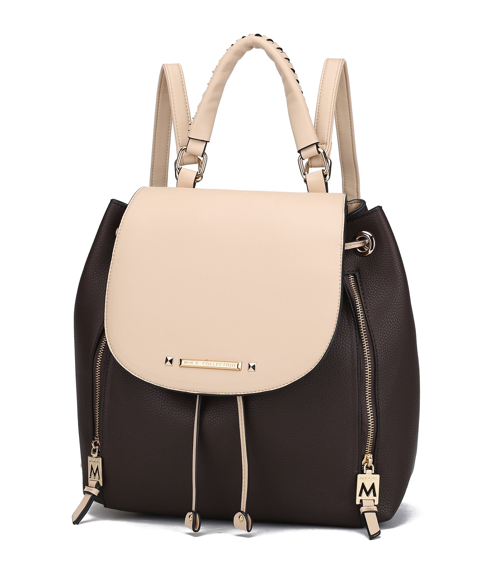A brown and beige MKF Collection Kimberly Backpack Vegan Leather Women by Mia k with zippers.