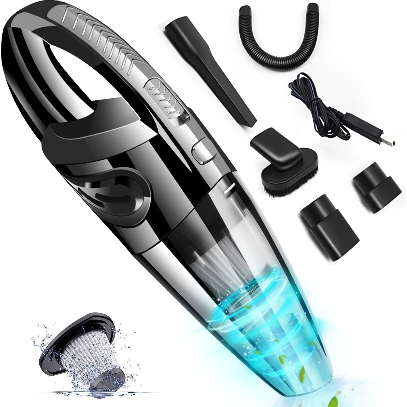 A Cordless Rechargeable Lightweight Portable Mini Hand Vac With Powerful Cyclonic Suction For Wet Dry Car Pet Hair Home Use with various attachments displayed, showcasing its versatility and wet-dry cleaning capability.