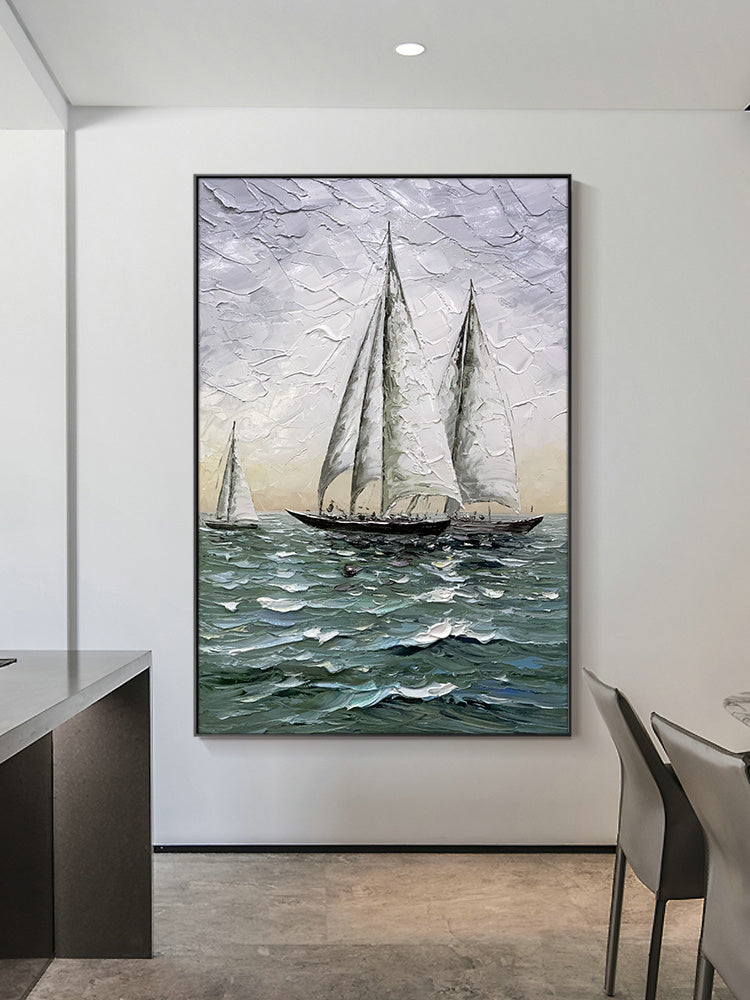 Sentence with the product name: Hand Painted Impressionism Sunrise Seascape Abstract Oil Painting Canvas Art Poster Picture Wall House Decoration Mural of sailboats on a wavy sea, displayed as modern wall art in a kitchen with minimalist decor.
