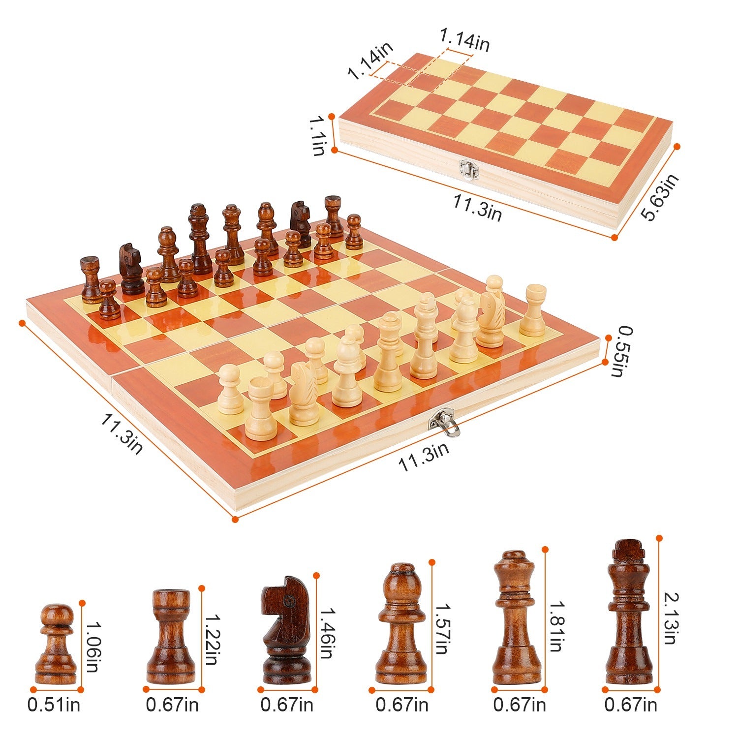 A Folding Board Game Set Portable Travel Wooden Chess Set with Wooden Crafted Pieces Chessmen Storage Box on a white background.