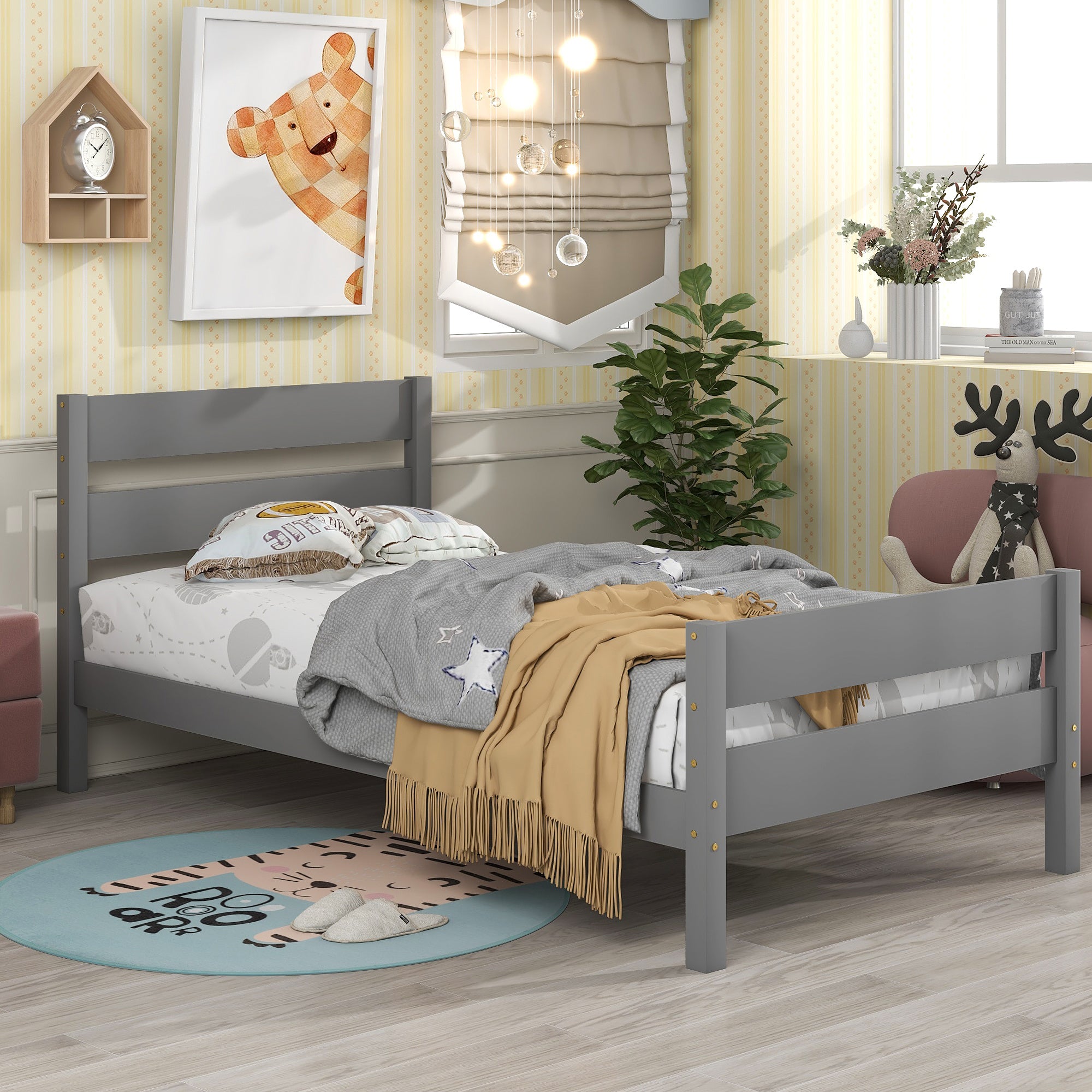 A Twin Bed with Headboard and Footboard, Grey in a child's room.