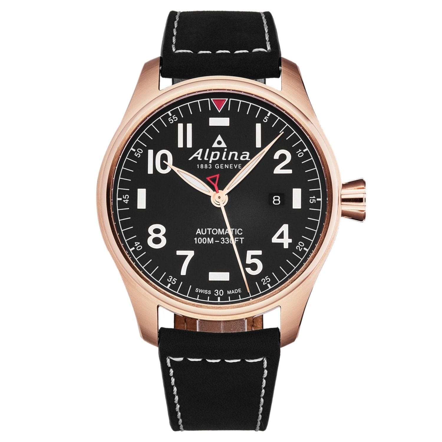 Alpina Men's AL525NN4S4 'Startimer Pilot' Black Dial Black Leather Strap Automatic Watch in rose gold with black leather strap.