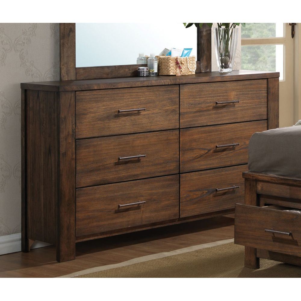 A spacious Merrilee Dresser in Oak YJ with drawers and a mirror.