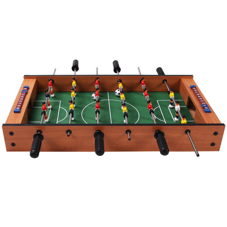 A Family Fun Games Indoor/Outdoor Competition Game Soccer Table with a white background, featuring a MDF frame and steel rods.