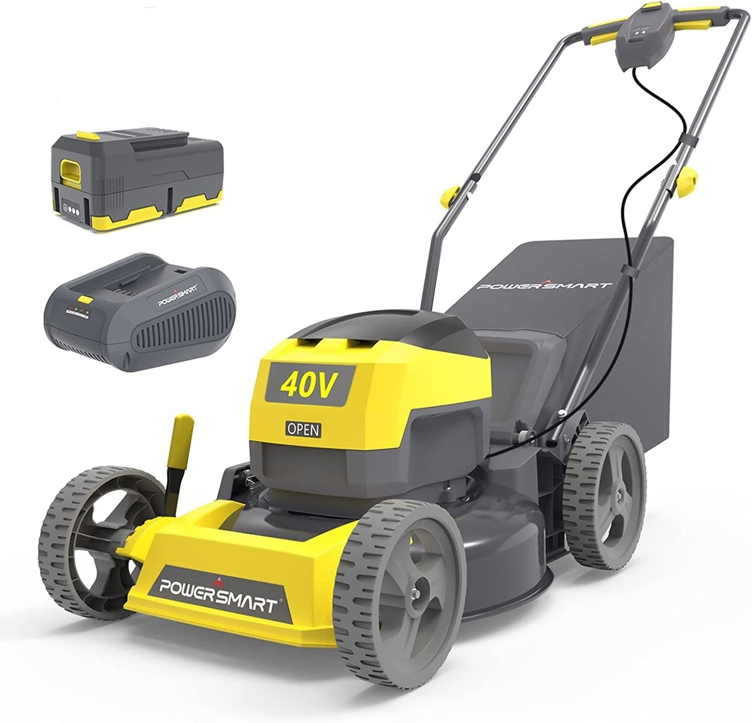 A Cordless Electric Lawn Mower F4017 Yellow with a yellow and black design, featuring a lithium battery and a detached charger.