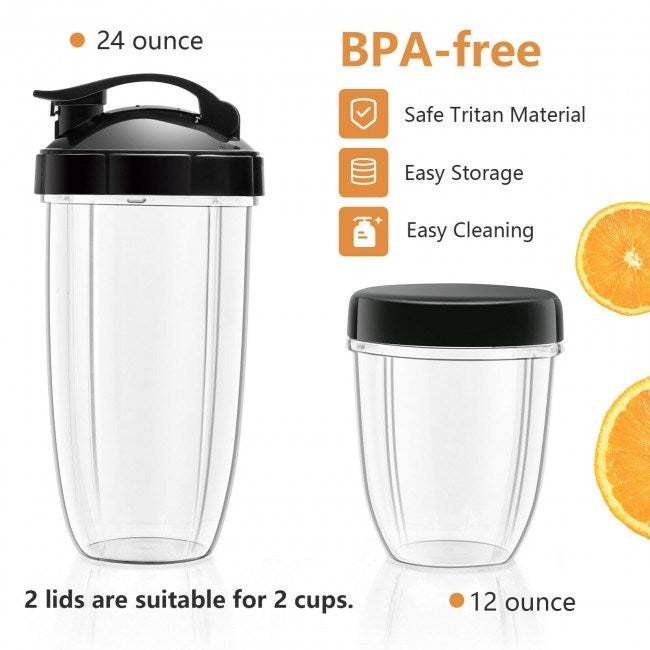 A 1000W Portable Blender with 6-Blade Design with fresh fruit ready to be blended, alongside a prepared smoothie and additional fruits.