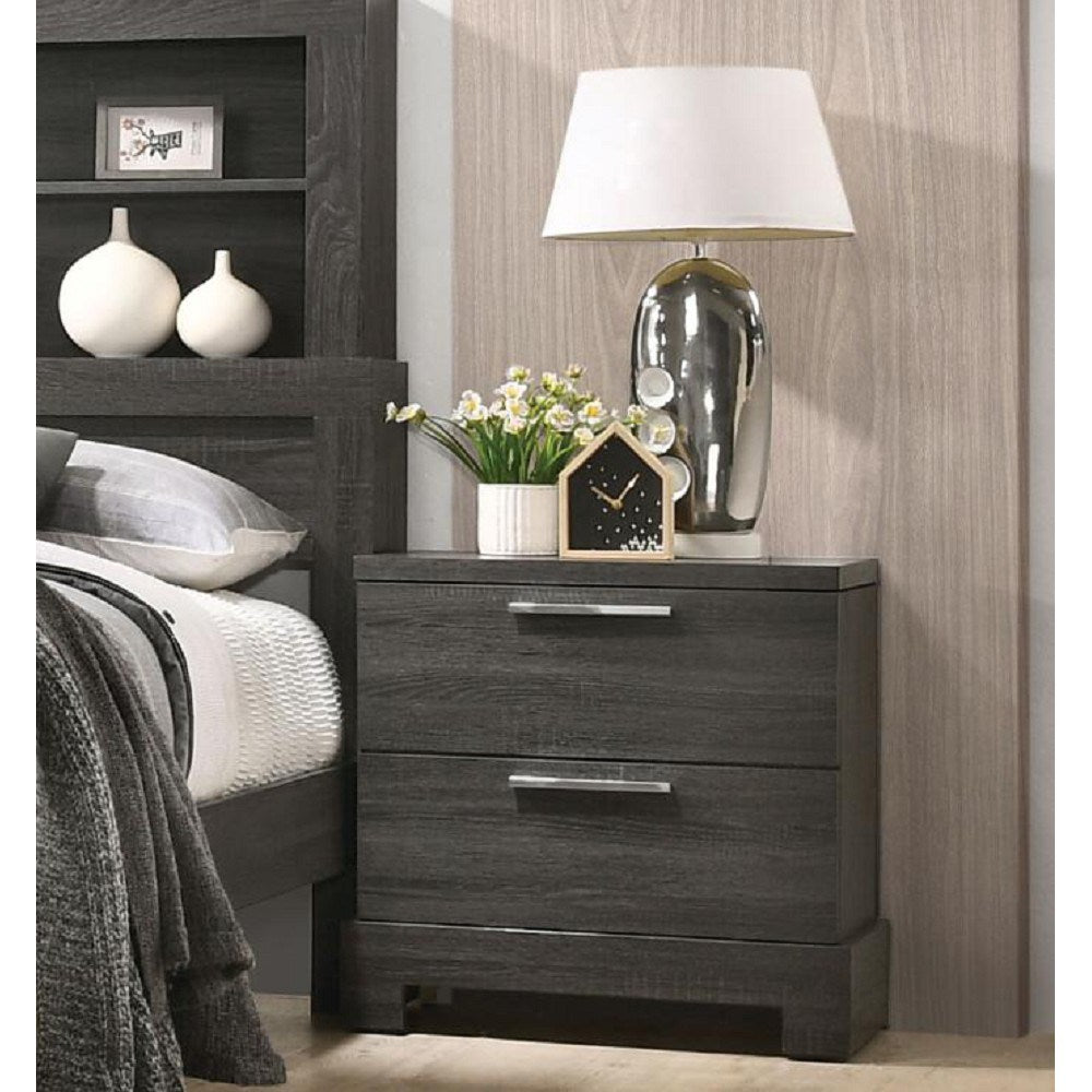 A modern Lantha Nightstand in Gray Oak YJ crafted from gray oak wood. This functional piece features two drawers for convenient storage and comes with a stylish lamp included.