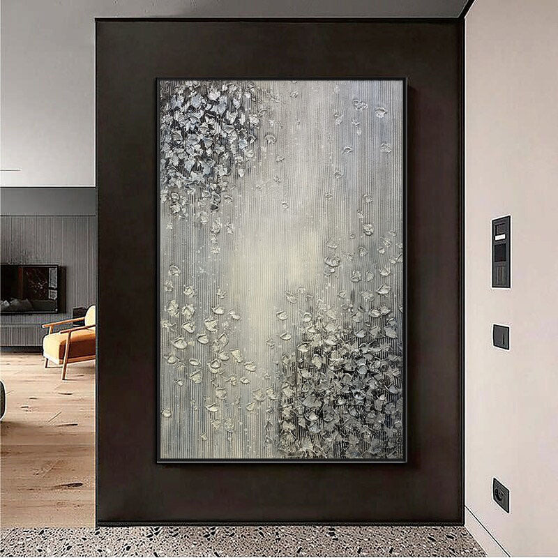Hand Painted Abstract Oil Painting White Texture On Canvas Abstract Wall Art Picture Living Room Bedroom Wall Decor Unframed, displayed in a sleek home interior with a view of a staircase.