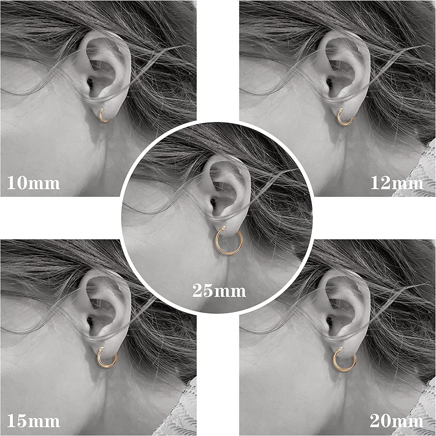 Four pairs of Stainless Small Hoop Earrings Clasp Gold Plated Hoop Rounded Earrings, ideal for sensitive skin, displayed in varying sizes in a vertical arrangement on a white background.