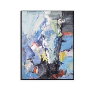 Colorful abstract painting featuring a dynamic blend of blue, white, grey, and yellow brushstrokes, framed in black.