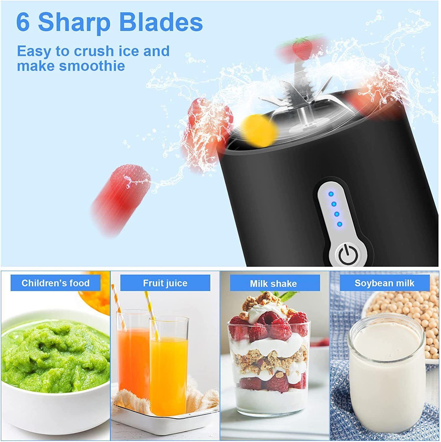 A durable Portable Blender Smoothies Fruit Vegetable Juicer Machine USB Rechargeable Mixer with stainless steel blades, made of food-grade materials, accompanied by fresh fruit and a spoon.