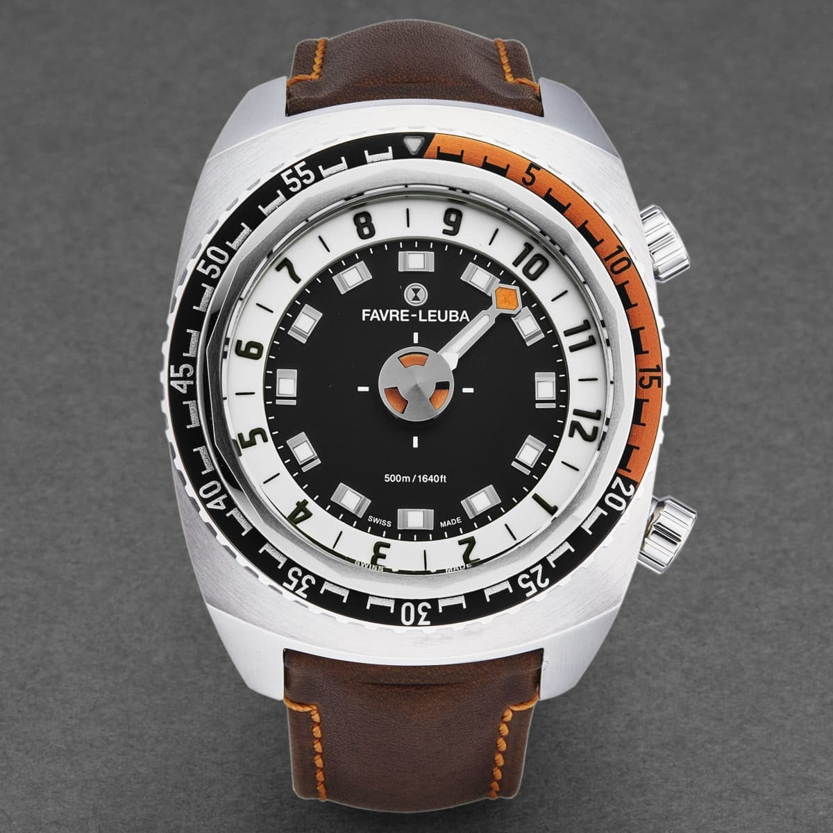 An Favre-Leuba Men's 00.10101.08.13.44 'Raider Harpoon' Black White Dial Brown Leather Strap Automatic Watch, with a black and orange color scheme set against a white background