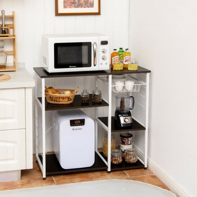 A compact and versatile Home Kitchen Baker's Rack Microwave And Food Industrial Shelf featuring adjustable foot pads for added stability.