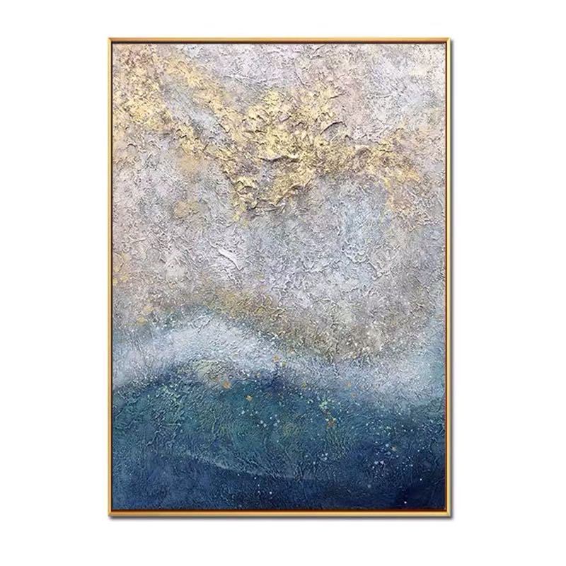 Hand Painted Abstract Oil Painting Wall Art Modern Blue Picture Minimalist On Canvas Home Decoration For Living Room With Thin Golden Frame