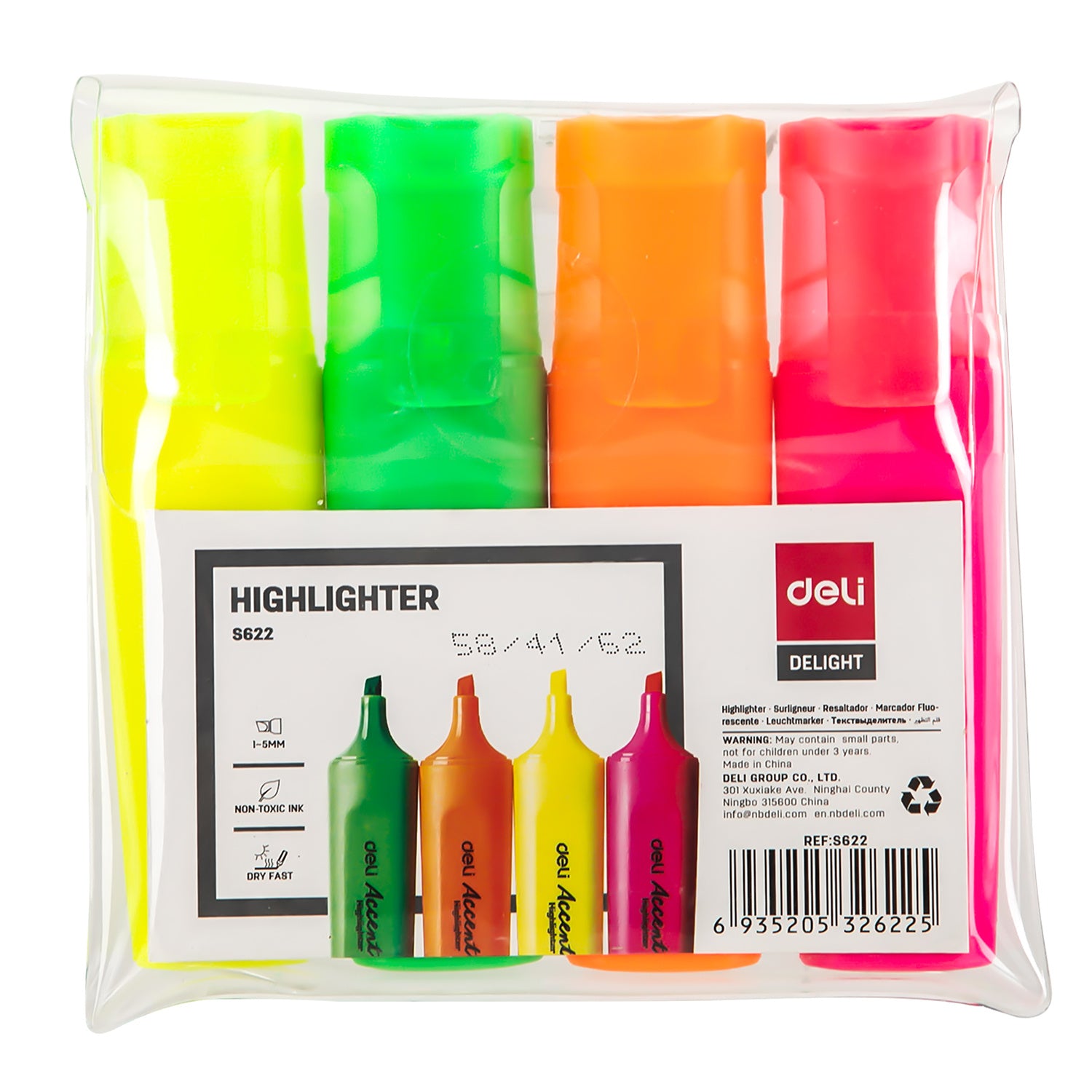 Details: Packaging of six Deli Highlighters Pastel Markers in assorted colors (black, blue, green, yellow, orange, pink), neatly organized in a plastic case.