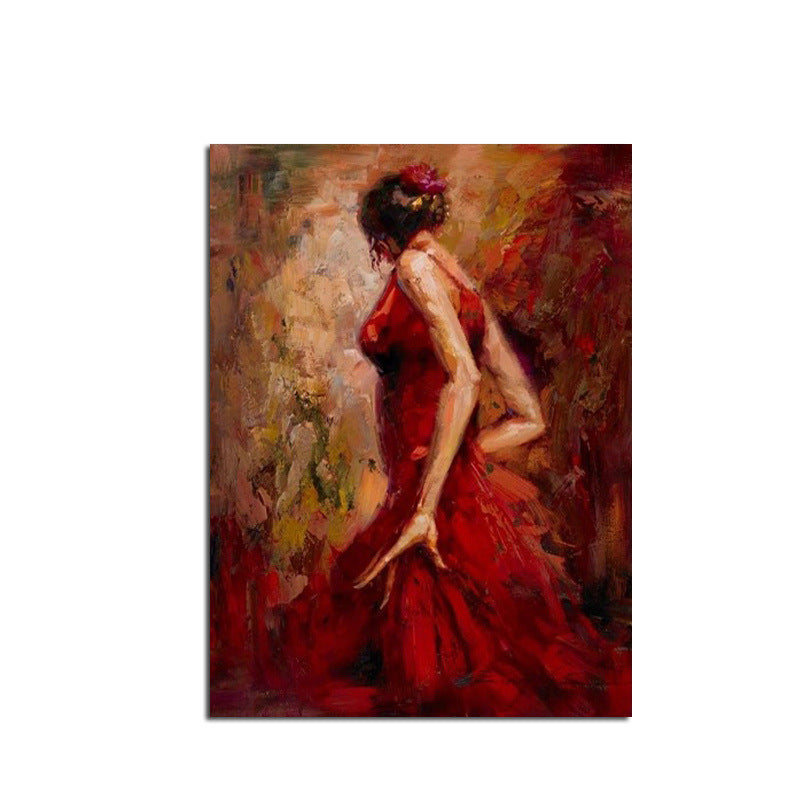 Painting of a woman in a flowing red dress, seen from behind, walking away, set against a Ha's Art Handmade Abstract Oil Painting Wall Art Modern Minimalist Red Dancing Girl Picture Canvas Home Decor For Living Room Bedroom No Frame background.