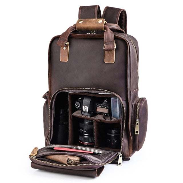The Gaetano | Large Leather Backpack Camera Bag with Tripod Holder with a DSLR body inside.