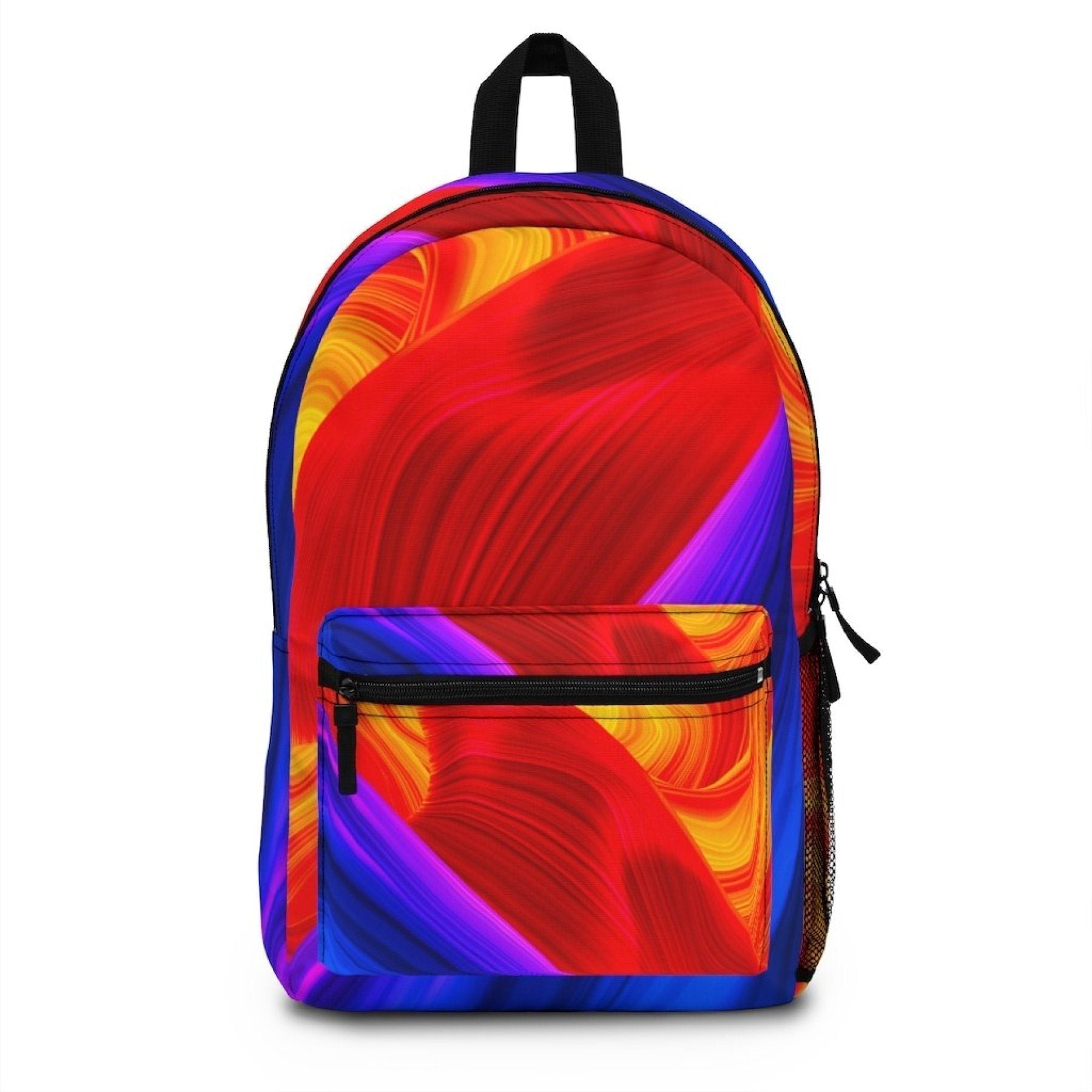 A Canvas Double Shoulder Strap Colorful Swirl Design backpack featuring a swirling pattern of red and yellow with blue accents, standing against a plain white background.