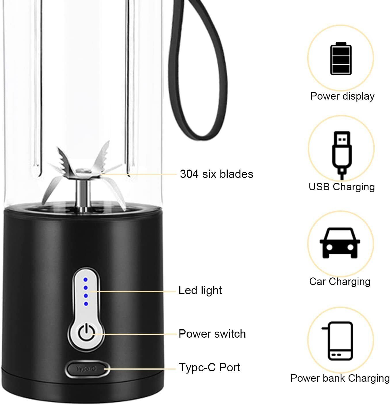 A durable Portable Blender Smoothies Fruit Vegetable Juicer Machine USB Rechargeable Mixer with stainless steel blades, made of food-grade materials, accompanied by fresh fruit and a spoon.