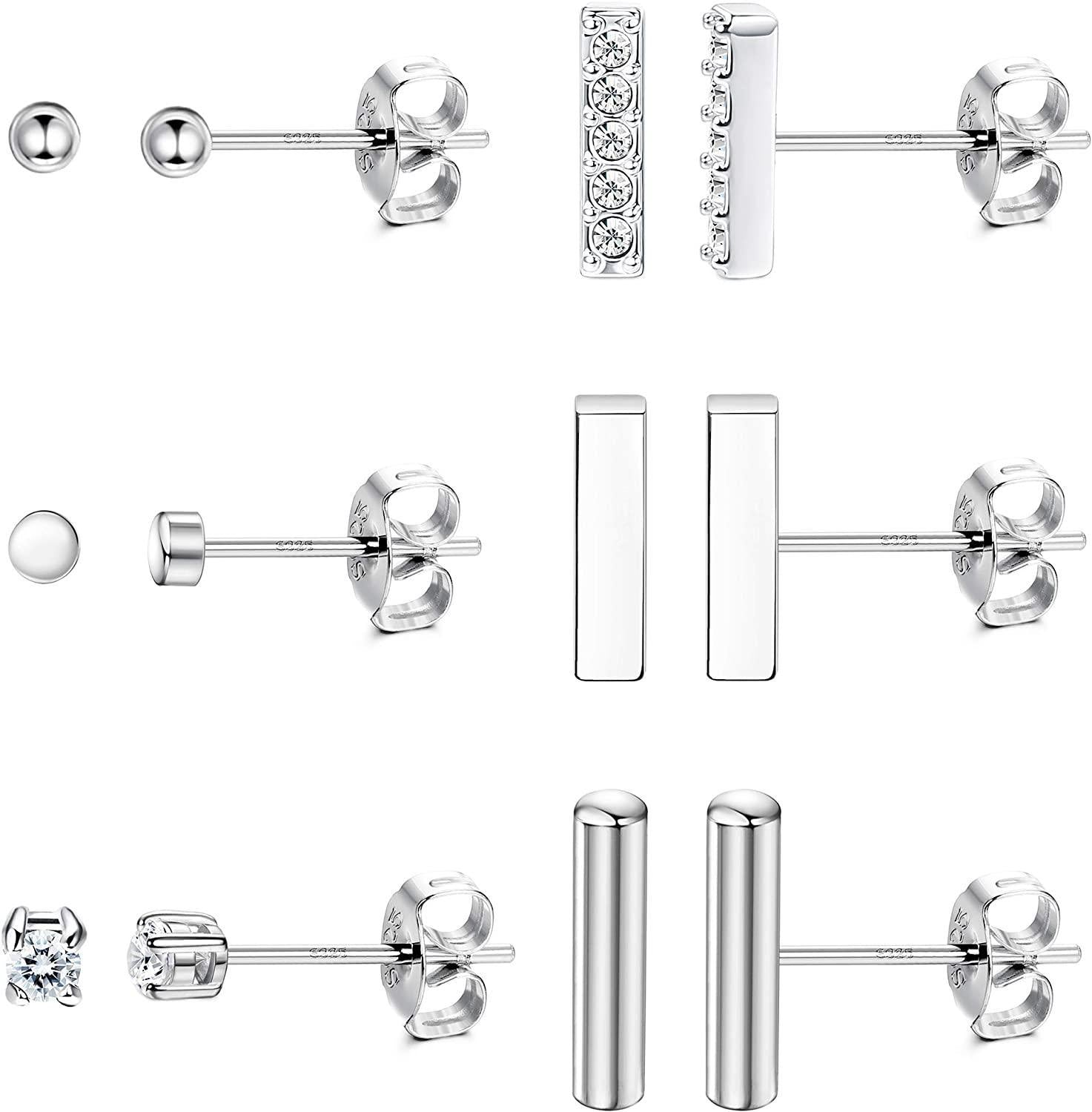 Sentence with replaced product: A collection of various designs of 6 Pairs 925 Sterling Silver 2mm Tiny Stud Earrings Set for Women Men Mini Ball Bar(7.5mm/9mm) CZ Disc Dot Earrings Line Stick Earrings Valentine's Day Gifts, featuring tiny stud earrings and bars embellished with crystals.