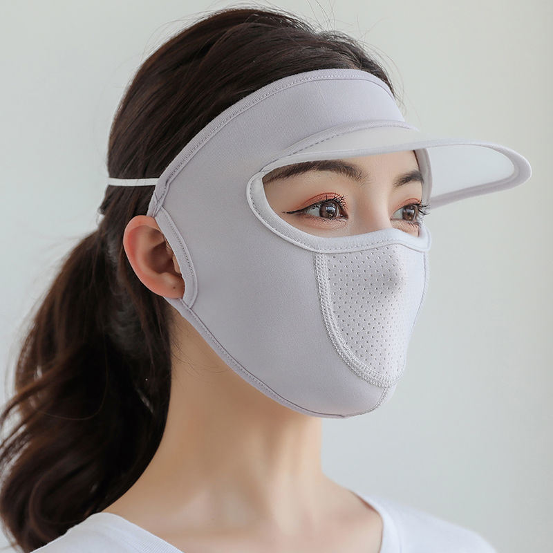 A woman wearing a Women Thin Breathable Ice Silk Sunscreen Long Neck Full Face Mask Summer UV Protection Beach Beauty Sun Hat.