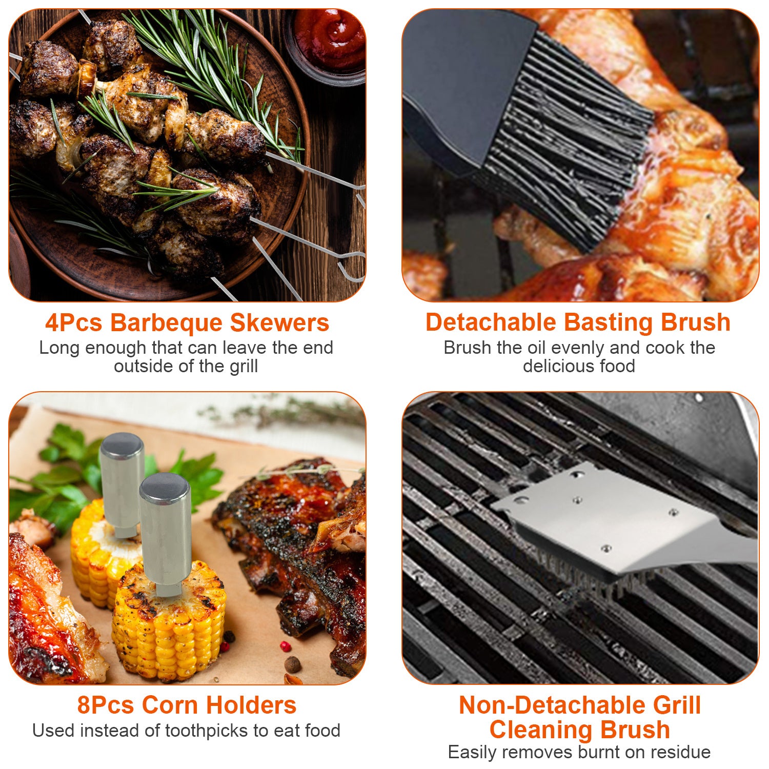 A set of Stainless Steel BBQ Grill Tool Kit Grilling Utensil Accessories with Spatula Tongs Fork Knife Brush Pepper Salt Shaker Bottle Grilled Skewers Corn Needles in a black case.