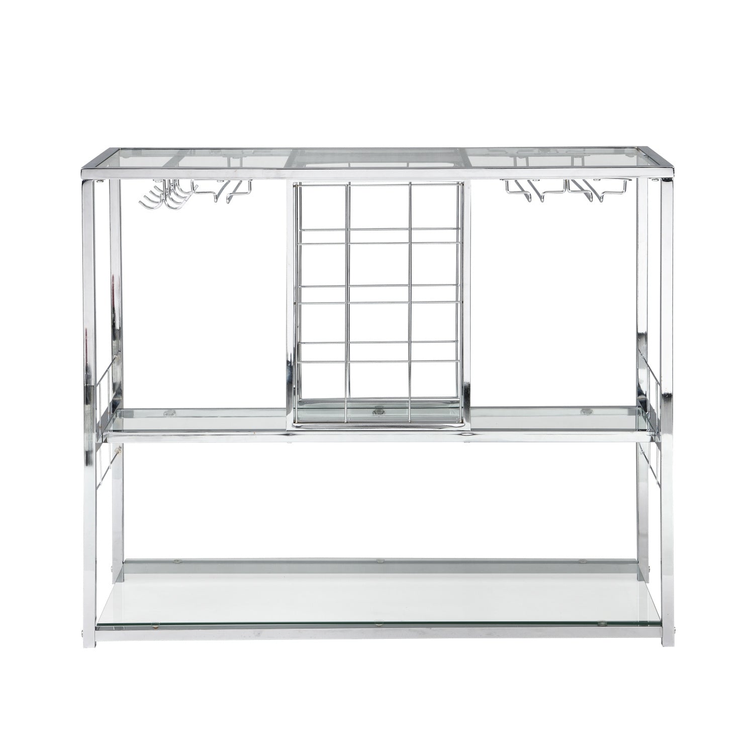 A sleek and contemporary Bar Serving Cart with Glass Holder and Wine Rack, 3-Tier Kitchen Trolley in a living room, featuring tempered glass for added durability and a stylish chrome-finished metal frame for easy access and storage.