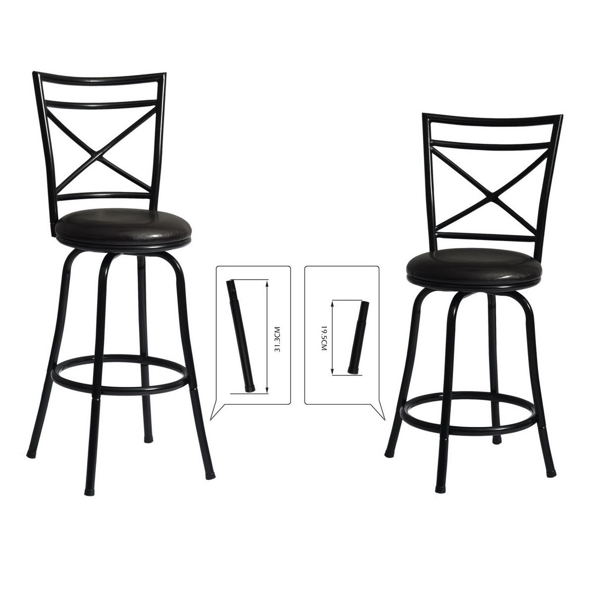 Two Vintage Industrial Counter Height Bar Stools Set of 2, Swivel Barstools with Metal Back for Kitchen Island, 26 Inch Height Round Seat in a kitchen.