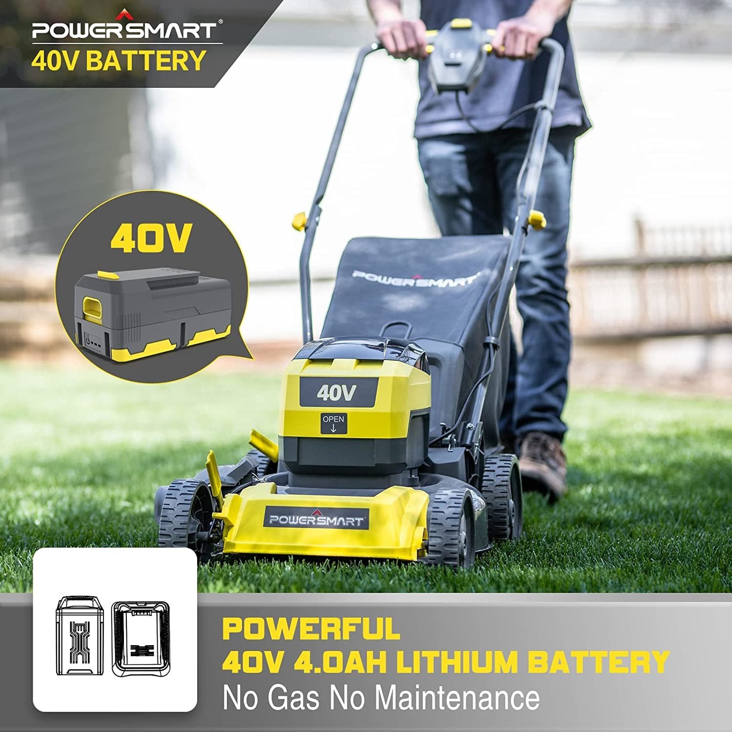 A Cordless Electric Lawn Mower F4017 Yellow with a yellow and black design, featuring a lithium battery and a detached charger.