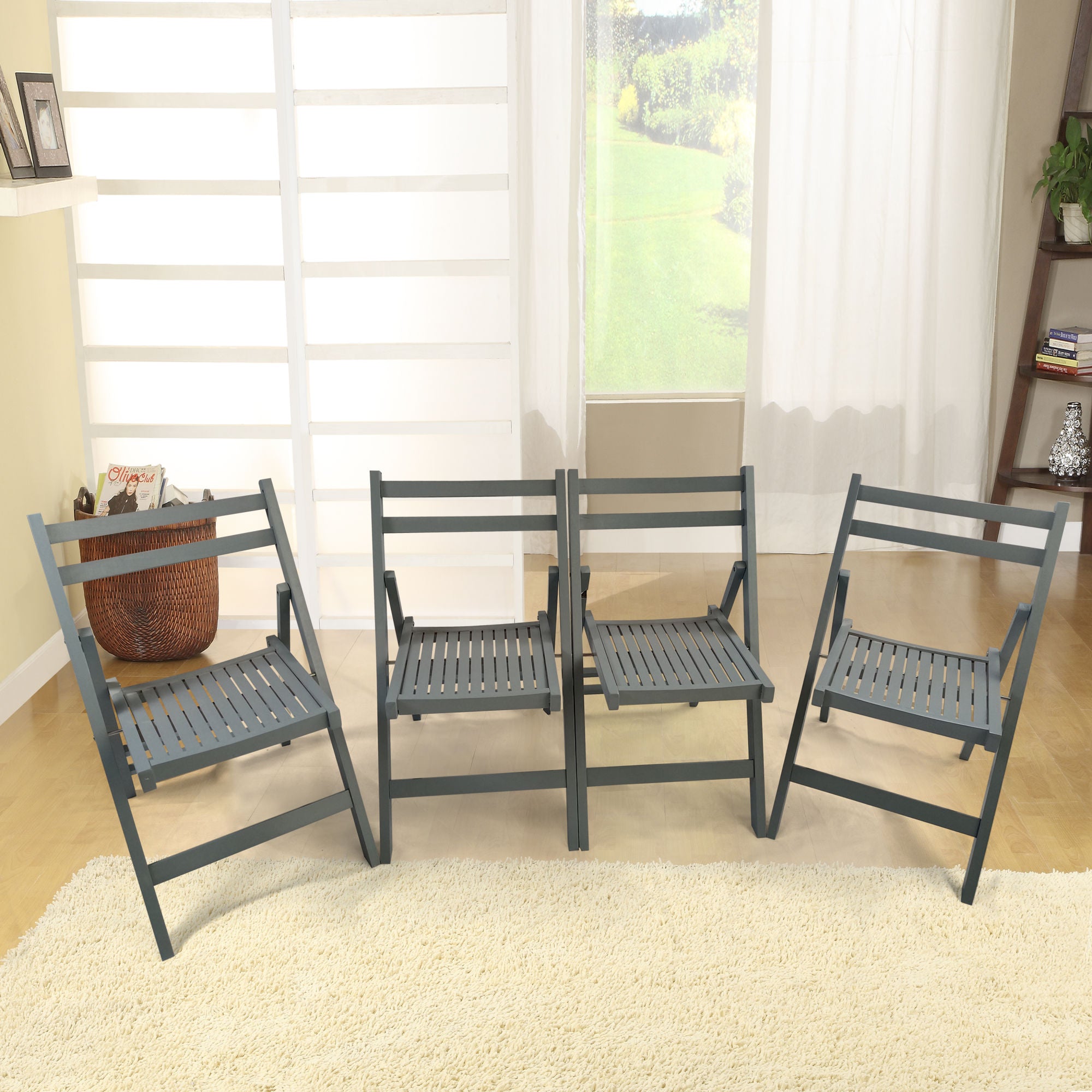 Four durable and versatile Furniture Slatted Wood Folding Special Event Chairs - Gray; Set of 4; FOLDING CHAIR; FOLDABLE STYLE on a white background.
