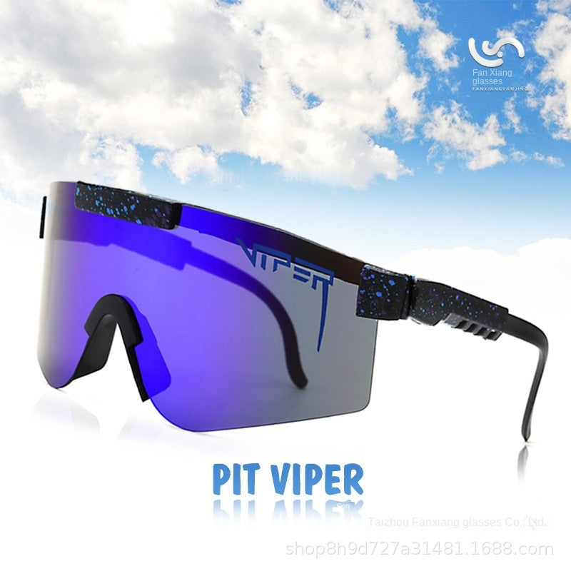 A pair of Pits Viper Riding Glasses Outdoor Sports Sunglasses for men, featuring "VIPER" branding on the lens and frame, with a red and white pattern on the arms. Designed for outdoor sports, they offer UV400 protection and come labeled "C-21," including a riding mirror and packing box.