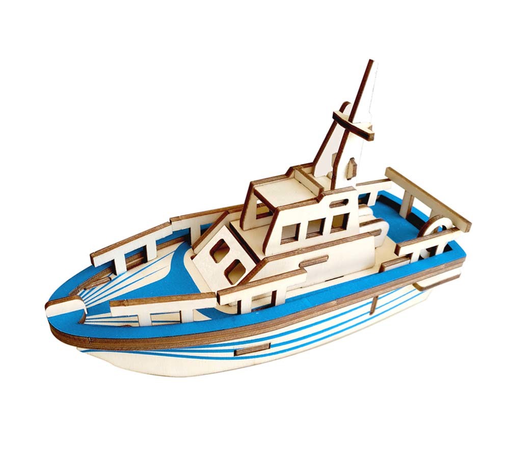 A wooden Lifeboat Wooden 3D Model Puzzle Kids DIY Jigsaw Assembly Building Blocks on a white background, ideal for hands-on brain skills development with wooden 3D puzzles.