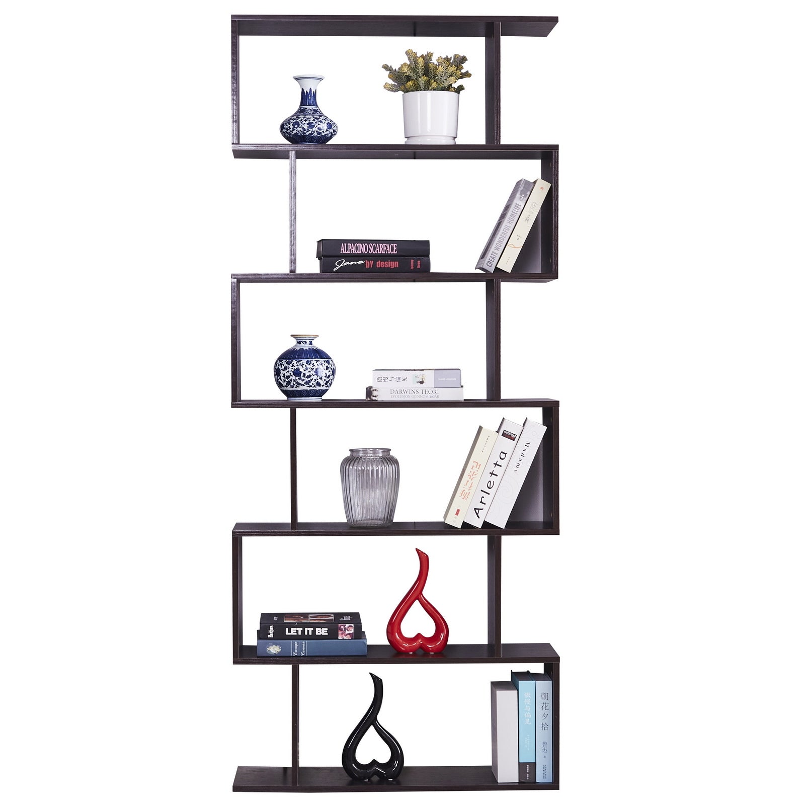 A 6 Shelf Bookcase, Modern S-Shaped Z-Shelf Style Bookshelf filled with books, vases, and decorative items on a white background.