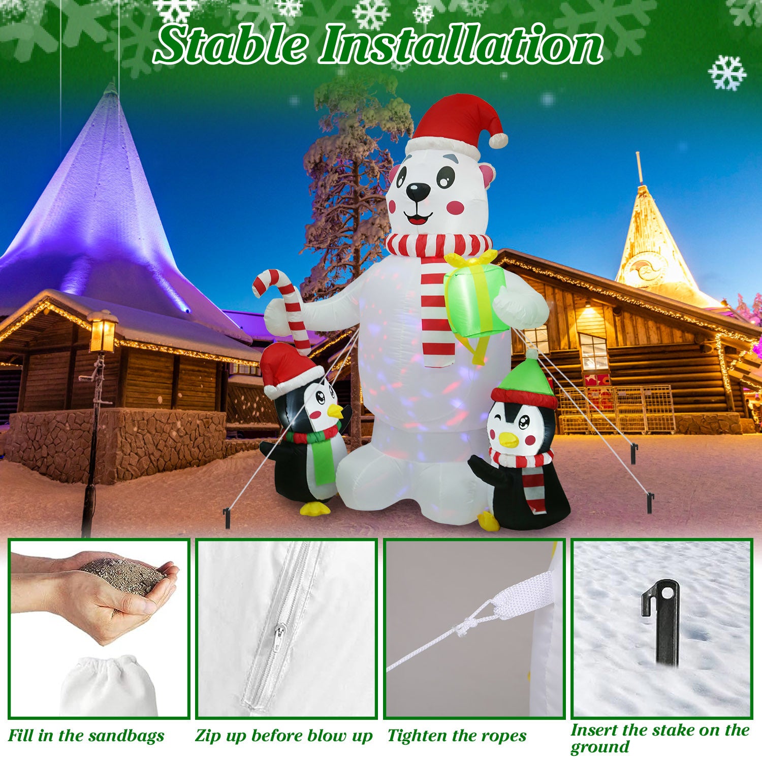 An impressive 5.9FT Christmas Inflatable Outdoor Decoration Polar Bear Gift Box Penguin Blow Up Yard Decoration with LED Light Built-in Air Blower for Winter Holiday Xmas Garden featuring a large inflatable polar bear and penguins in front of a house.